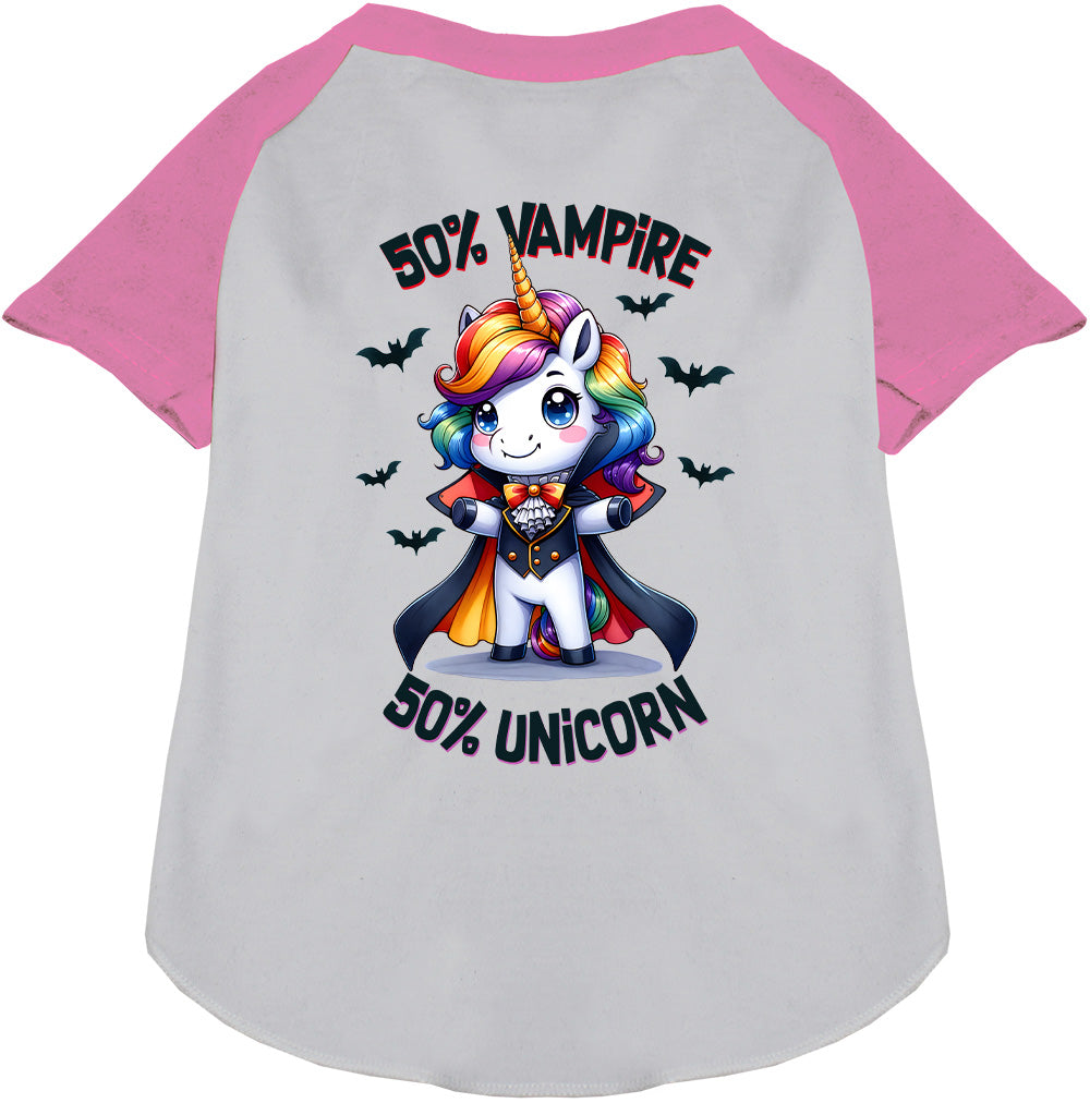 Light pink raglan shirt with 50% vampire unicorn design