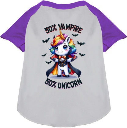 Purple raglan shirt with 50% vampire unicorn design