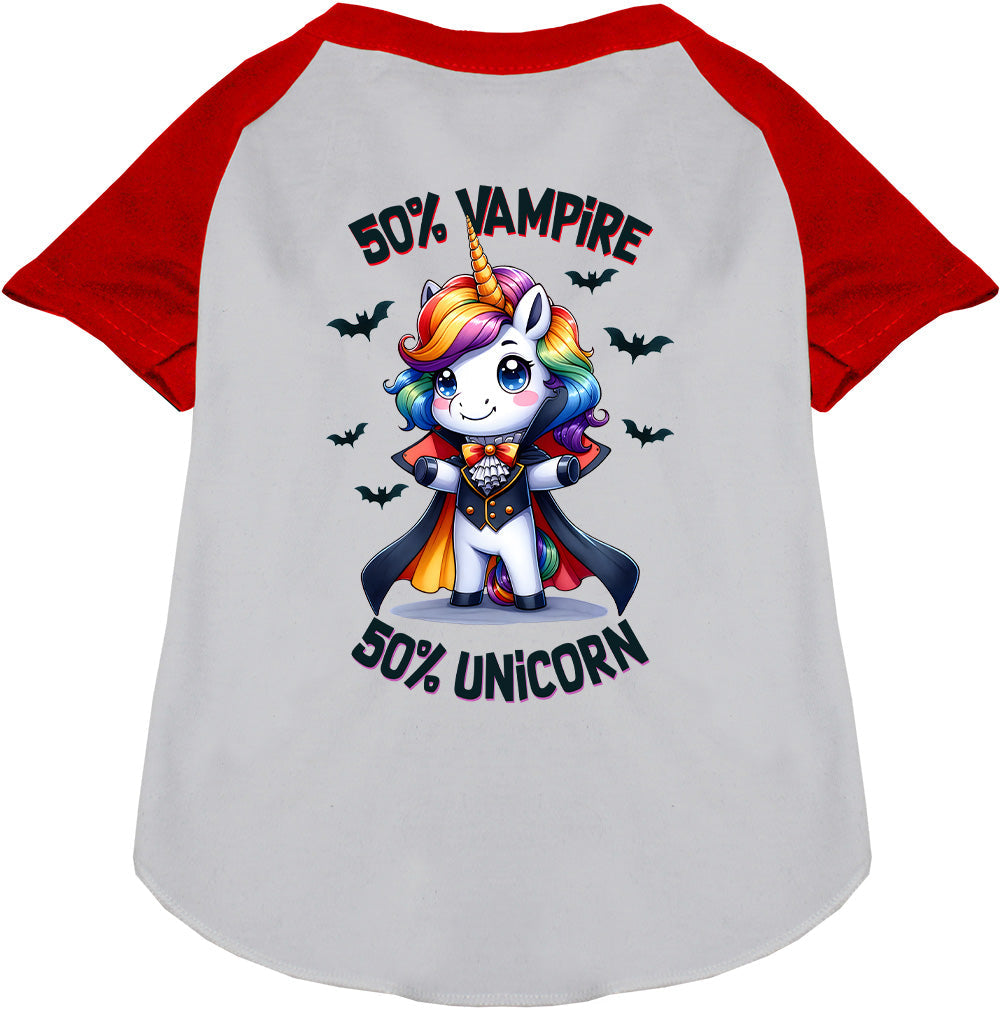 Red raglan shirt with 50% vampire unicorn design