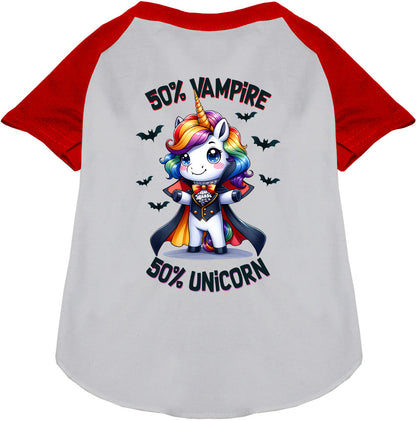 Red raglan shirt with 50% vampire unicorn design