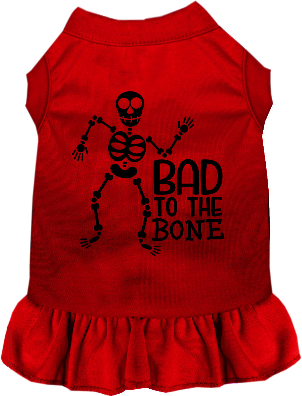 Red Bad to the Bone pet dress with skeleton design