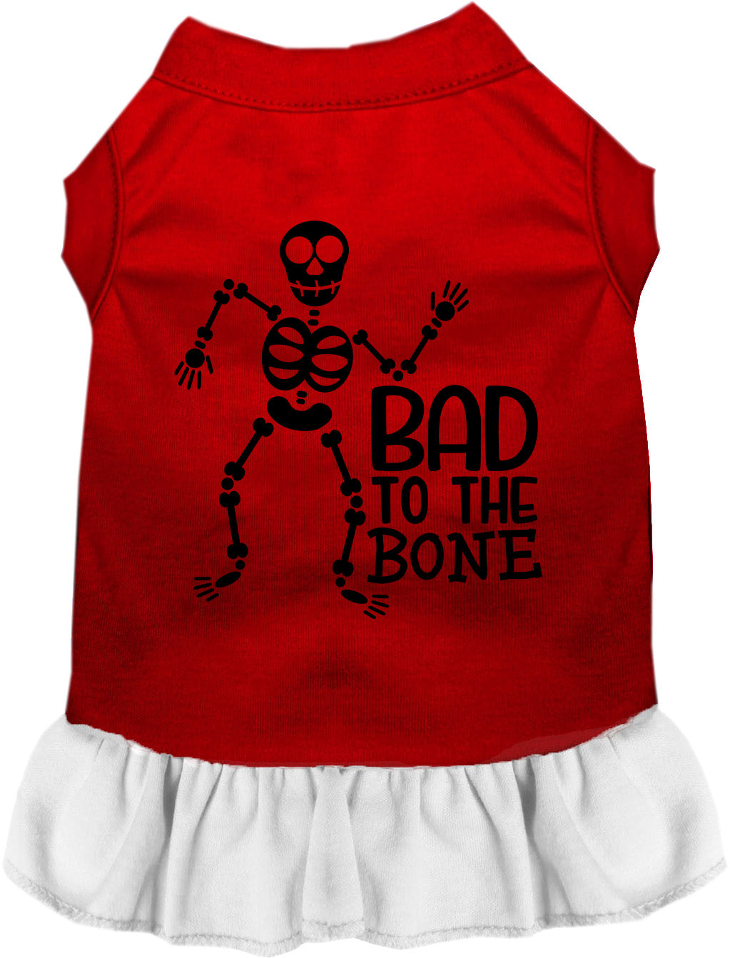 Red and white Bad to the Bone pet dress with skeleton design