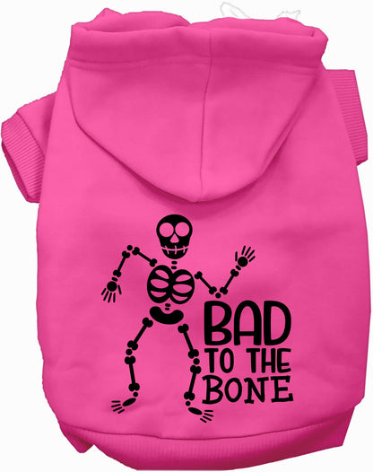 Pink Bad to the Bone pet hoodie with skeleton design