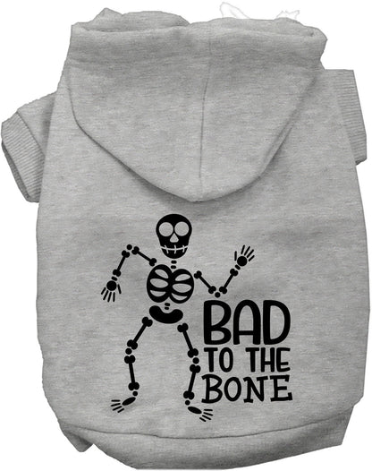 Gray Bad to the Bone pet hoodie with skeleton design