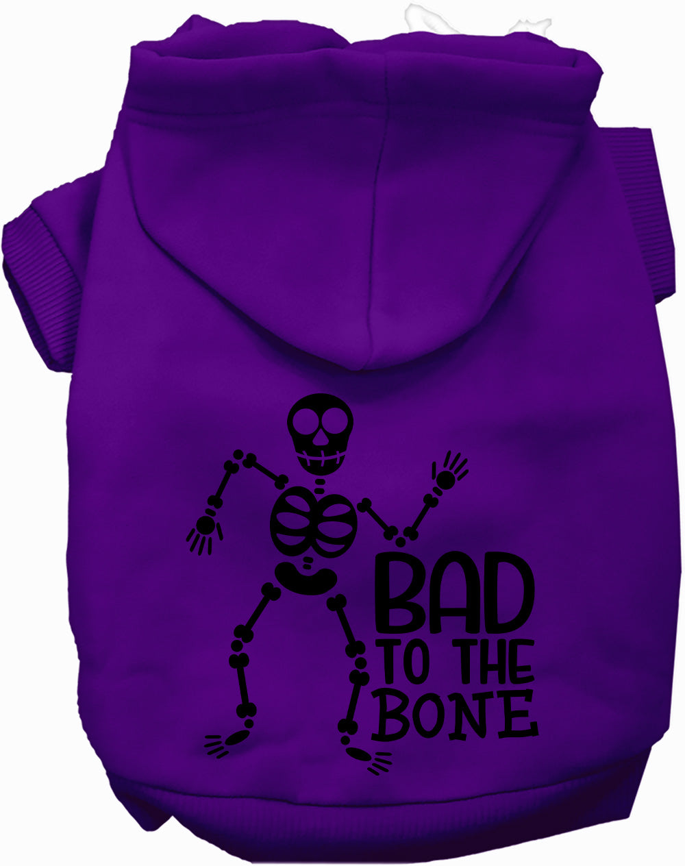 Purple Bad to the Bone pet hoodie with skeleton design