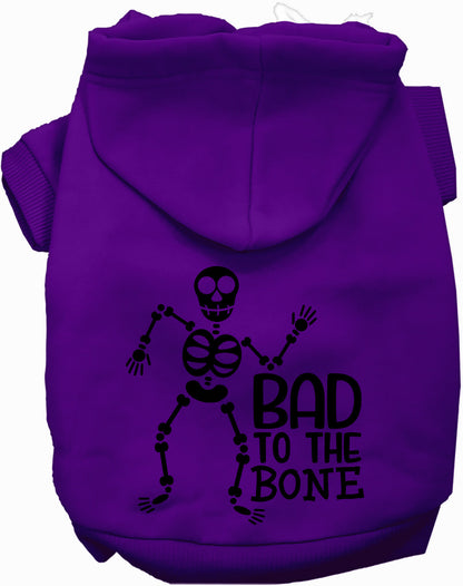 Purple Bad to the Bone pet hoodie with skeleton design