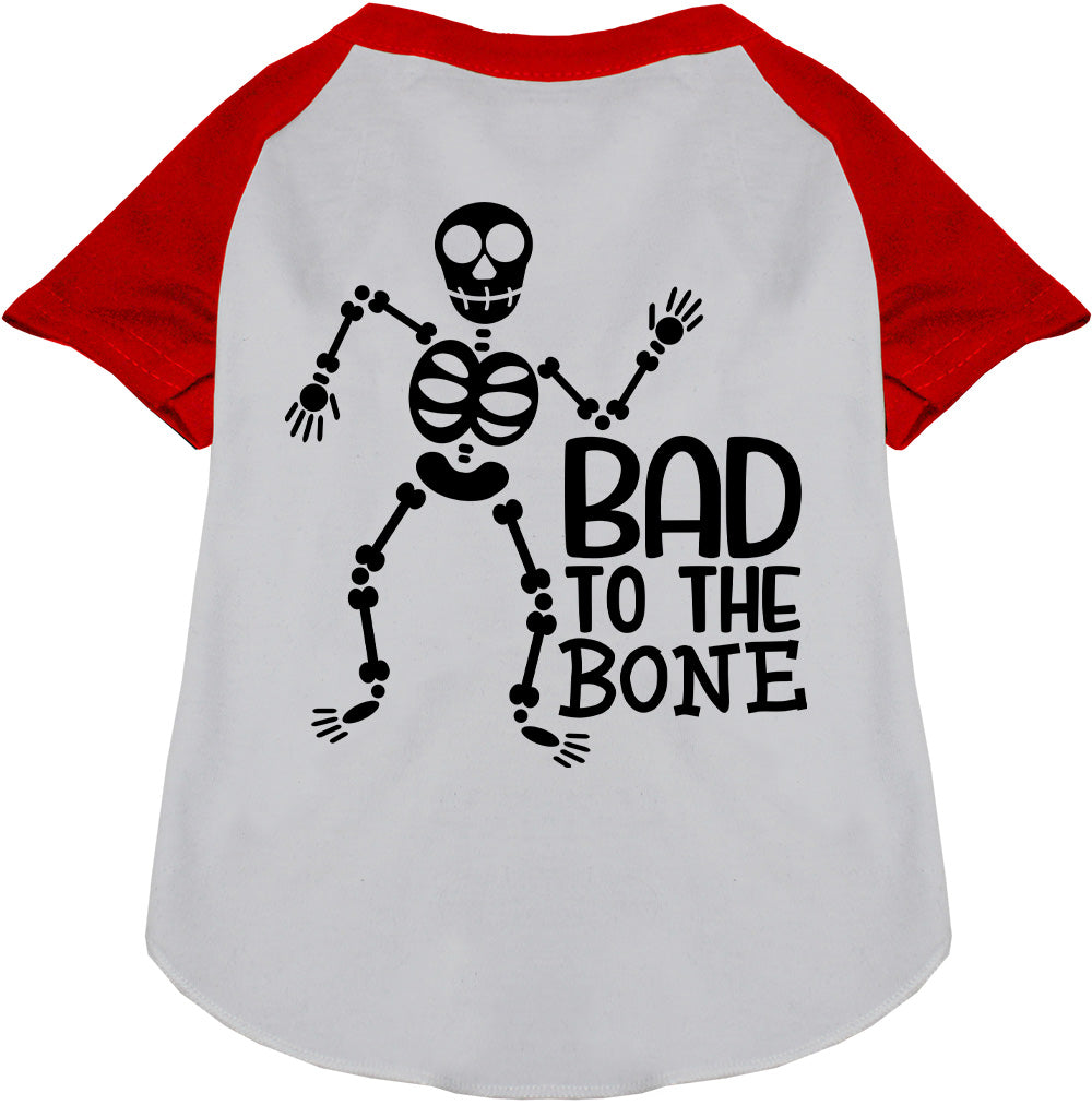 Red pet raglan shirt with skeleton design