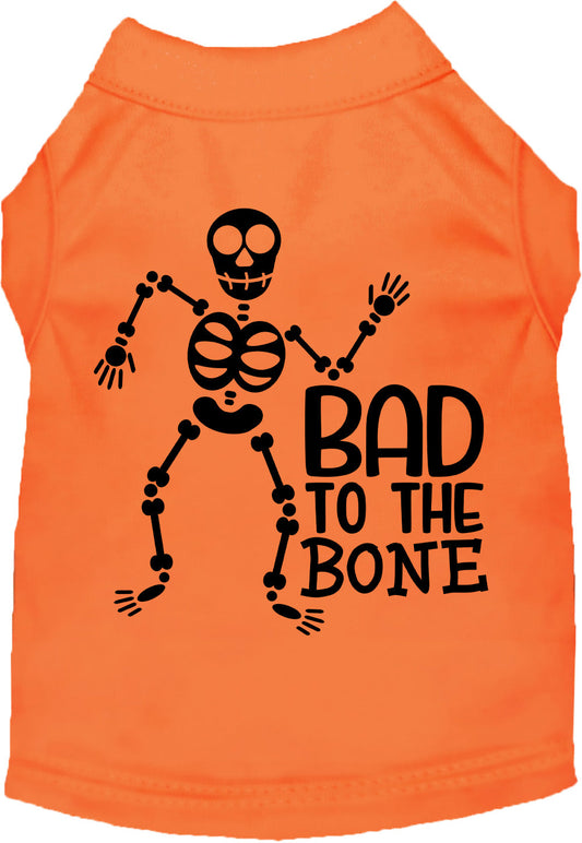 Orange Bad to the Bone pet shirt with skeleton design