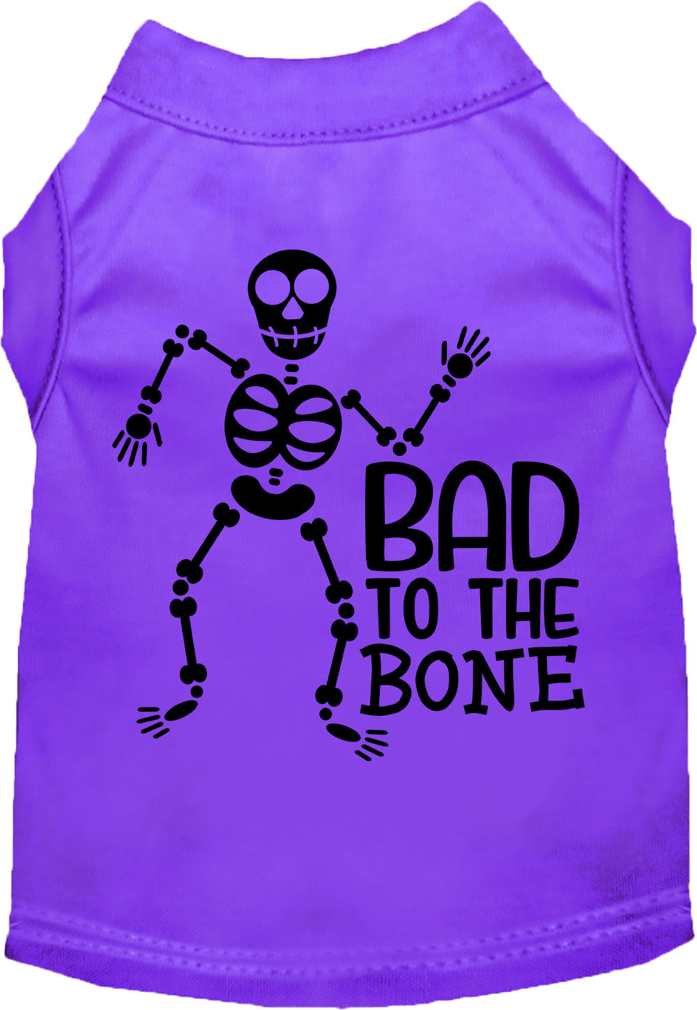Purple Bad to the Bone pet shirt with skeleton design