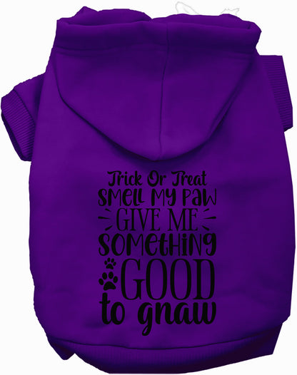 Purple Good to Gnaw pet hoodie with Halloween text