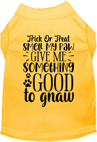 Yellow Good to Gnaw pet shirt with Halloween theme