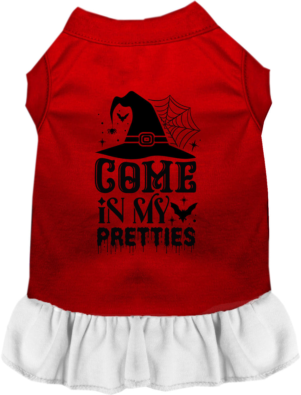 Red and white pet dress with 'Come In My Pretties' design