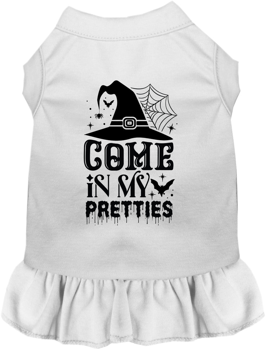 White pet dress with 'Come In My Pretties' design
