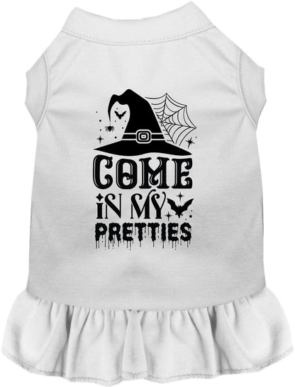 White pet dress with 'Come In My Pretties' design