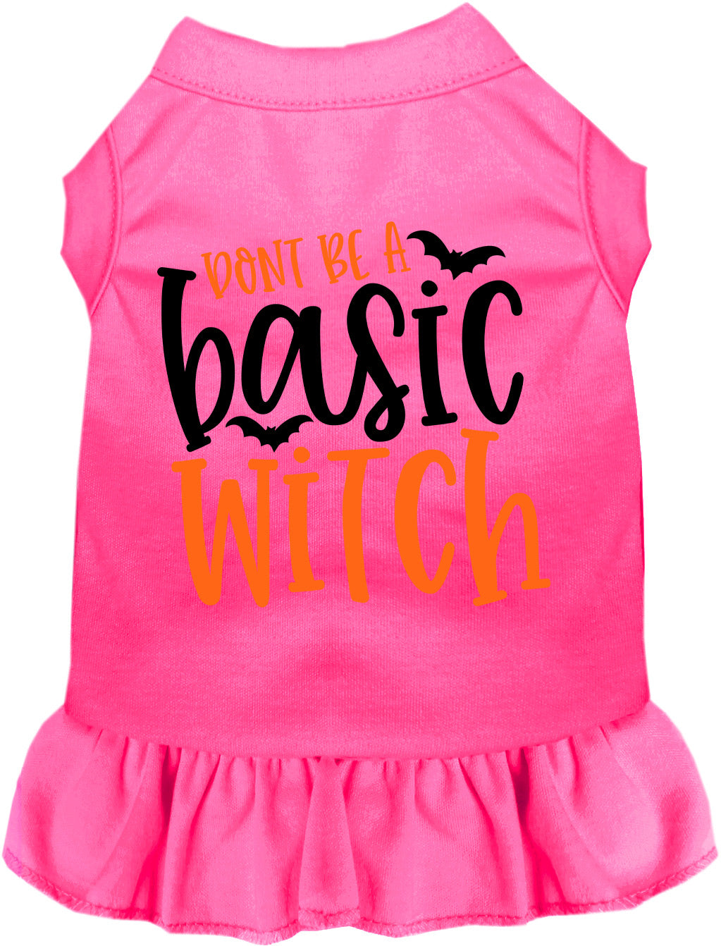 Pink pet dress with 'Don't Be a Basic Witch' design
