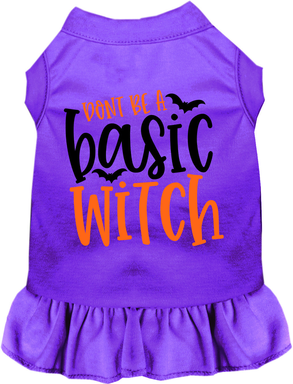 Purple pet dress with 'Don't Be a Basic Witch' design