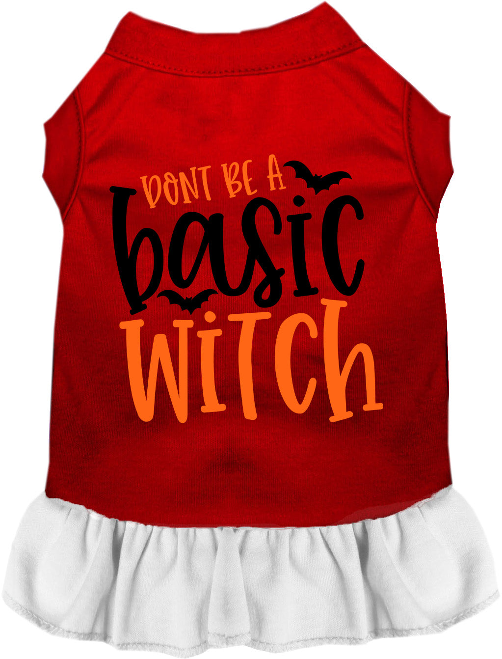 Red and white pet dress with 'Don't Be a Basic Witch' design