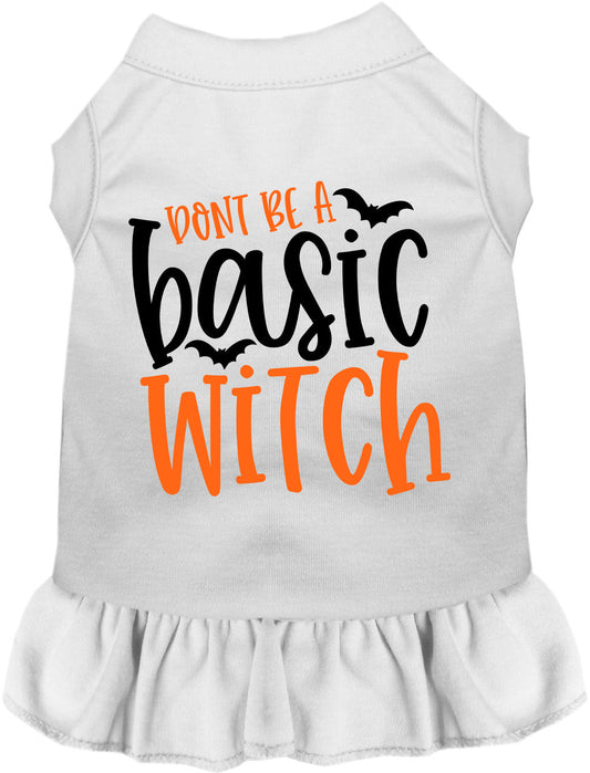 White pet dress with 'Don't Be a Basic Witch' design