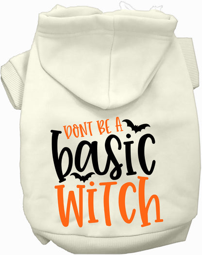 White pet hoodie with 'Don't Be a Basic Witch' design