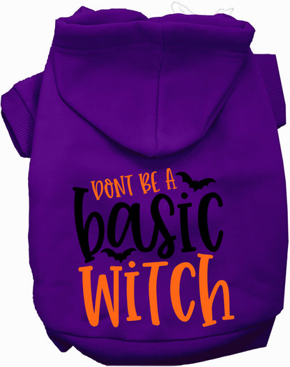 Purple pet hoodie with 'Don't Be a Basic Witch' design