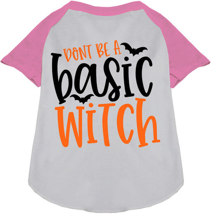 Light pink pet raglan shirt with 'Don't Be a Basic Witch' design
