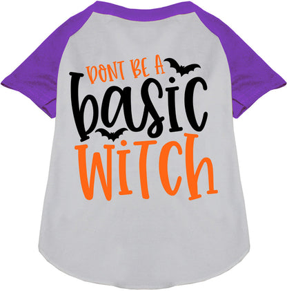 Purple pet raglan shirt with 'Don't Be a Basic Witch' design