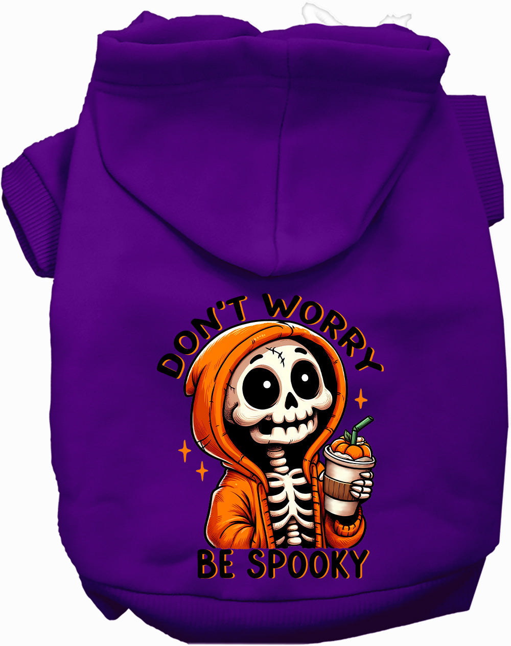 Purple spooky pet hoodie with skeleton design