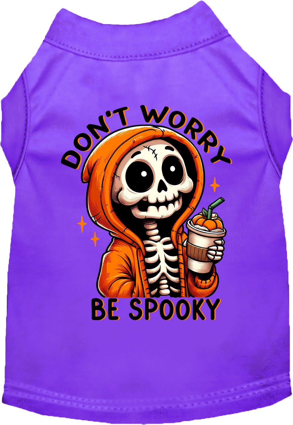 Purple Don't Worry, Be Spooky pet shirt with skeleton design