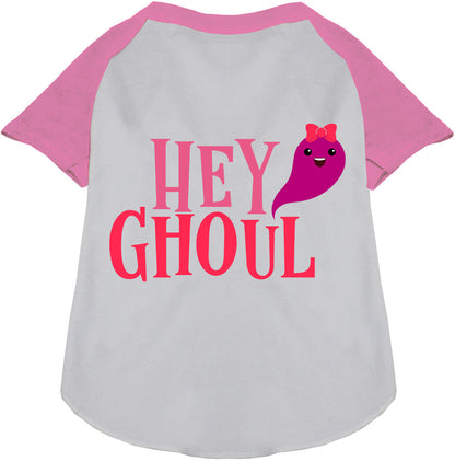 White Hey Ghoul Pet Raglan Shirt with pink sleeves