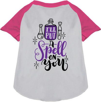 Pink pet raglan shirt with 'Put a Spell on You' design