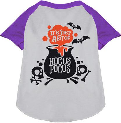 Purple-sleeved Hocus Pocus pet raglan shirt with cauldron design
