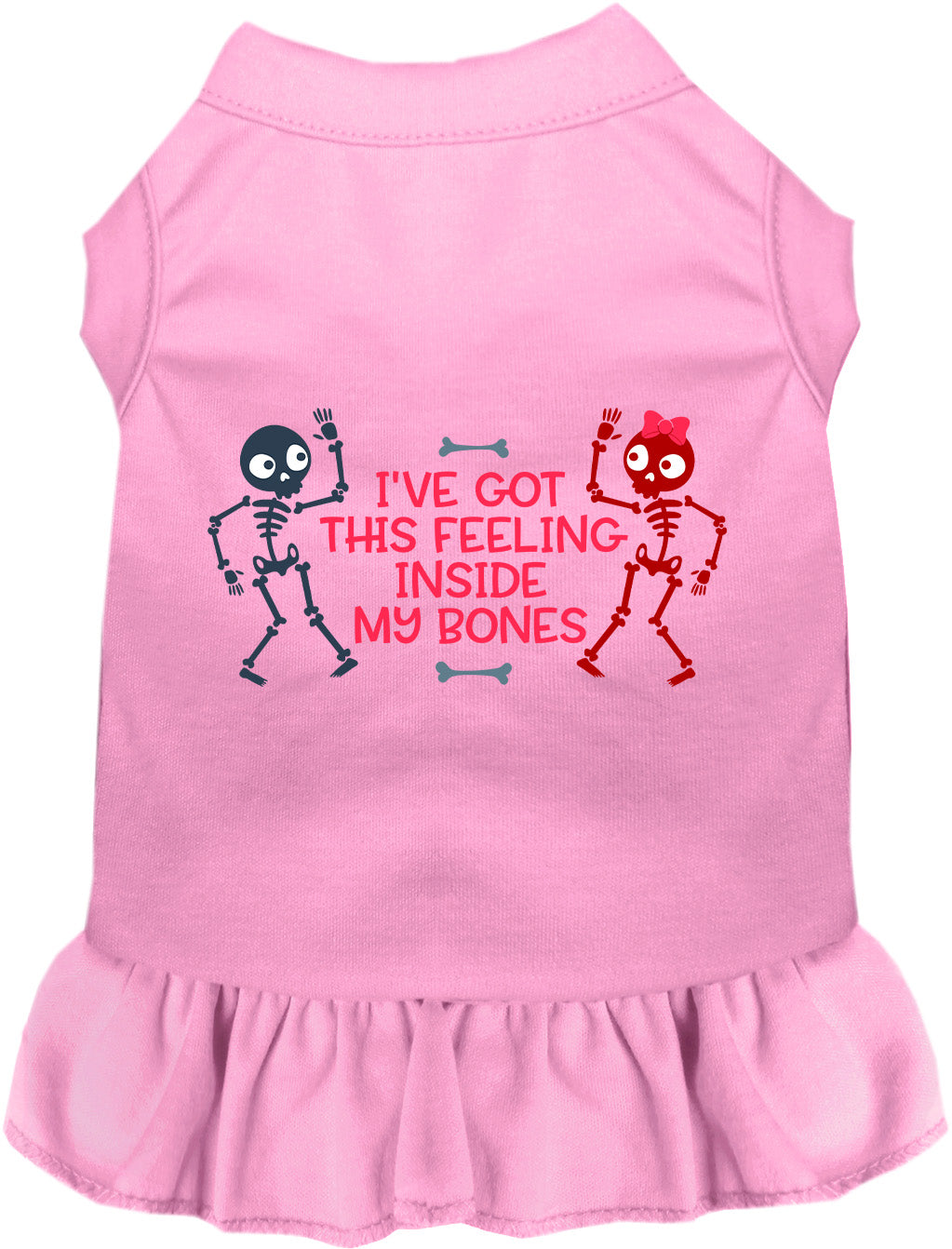 Pink pet dress with skeleton design and text