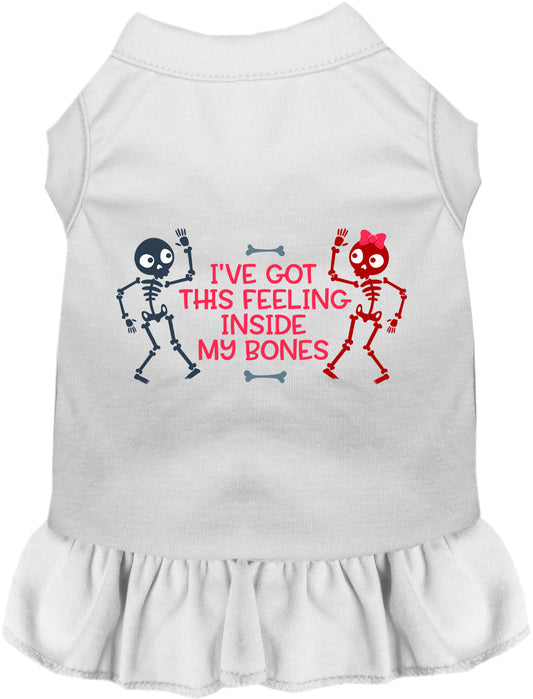 White pet dress with skeleton design and text