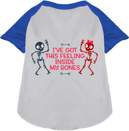 Blue Inside My Bones pet raglan shirt with skeletons