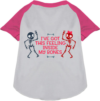 Pink Inside My Bones pet raglan shirt with skeletons