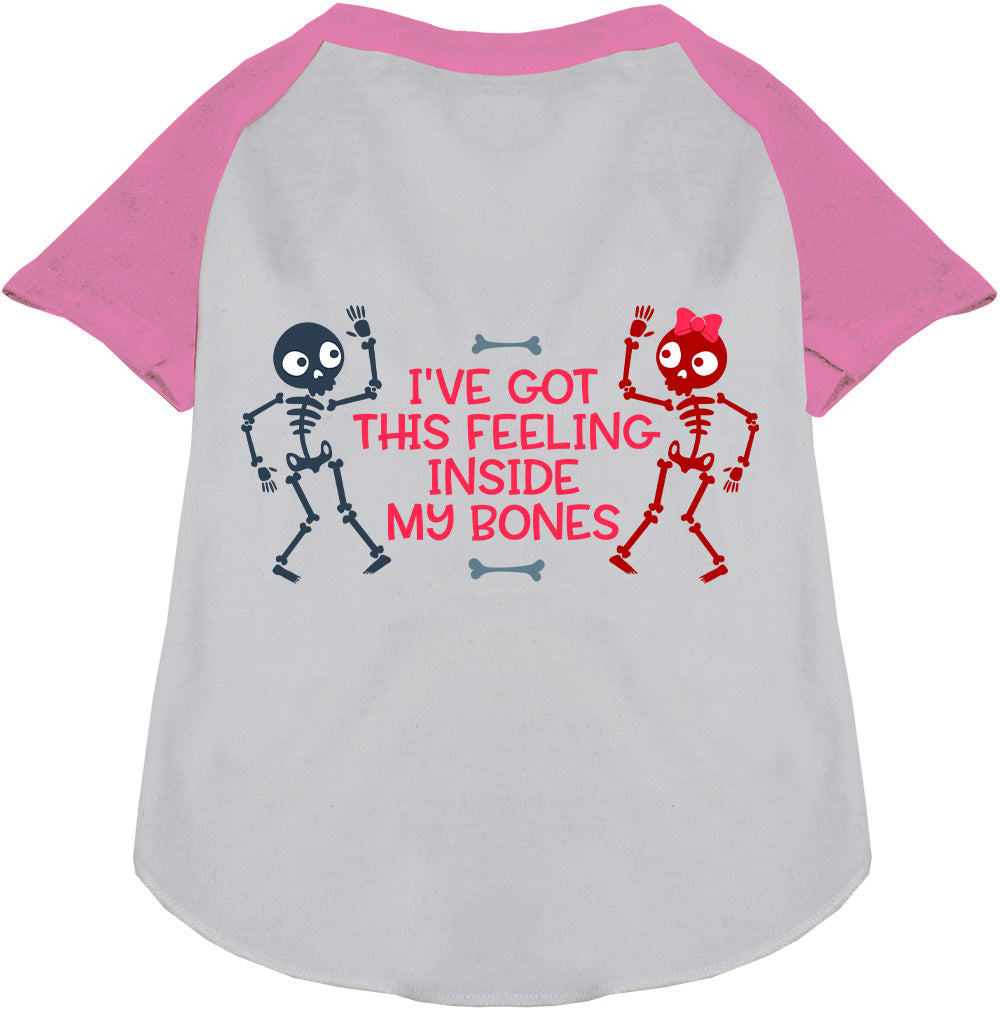 Pink Inside My Bones pet raglan shirt with skeletons