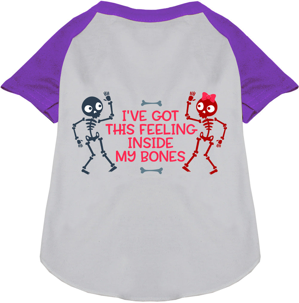 Purple Inside My Bones pet raglan shirt with skeletons