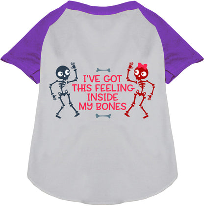 Purple Inside My Bones pet raglan shirt with skeletons