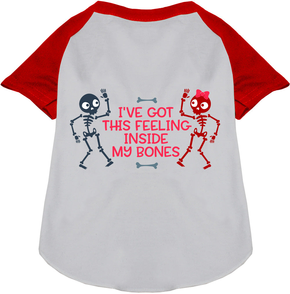 Red Inside My Bones pet raglan shirt with skeletons