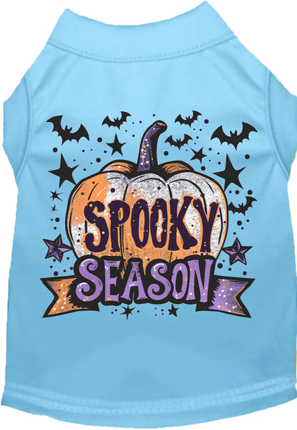 Light blue Batty Spooky Season pet shirt with pumpkin design