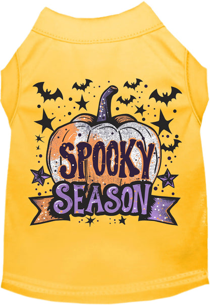 Yellow Batty Spooky Season pet shirt with pumpkin design