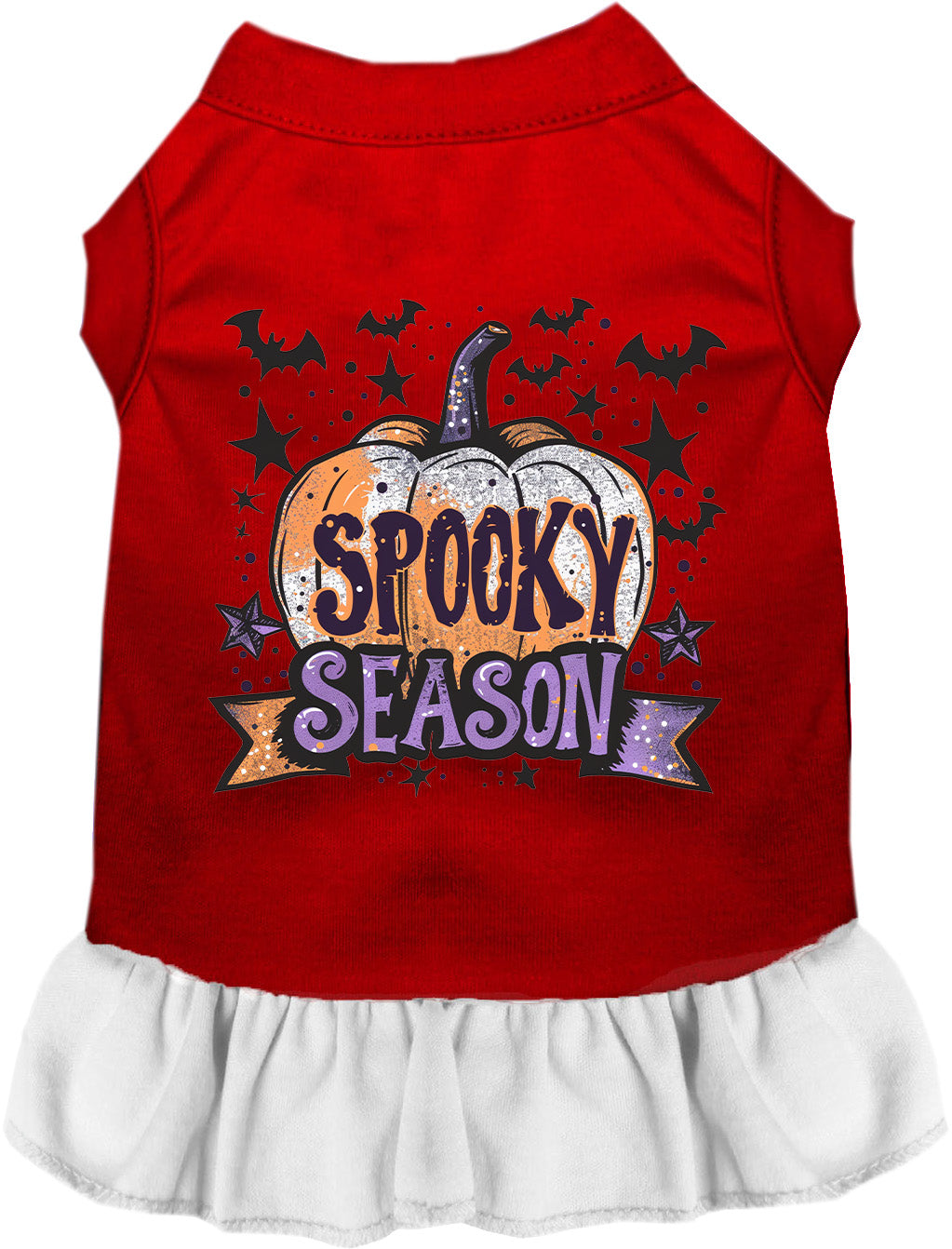 Red and white Batty Spooky Season Pet Dress with pumpkin design