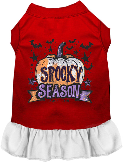 Red and white Batty Spooky Season Pet Dress with pumpkin design