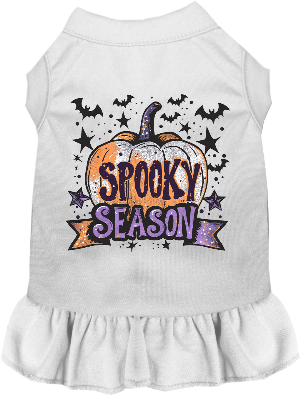 White Batty Spooky Season Pet Dress with pumpkin design
