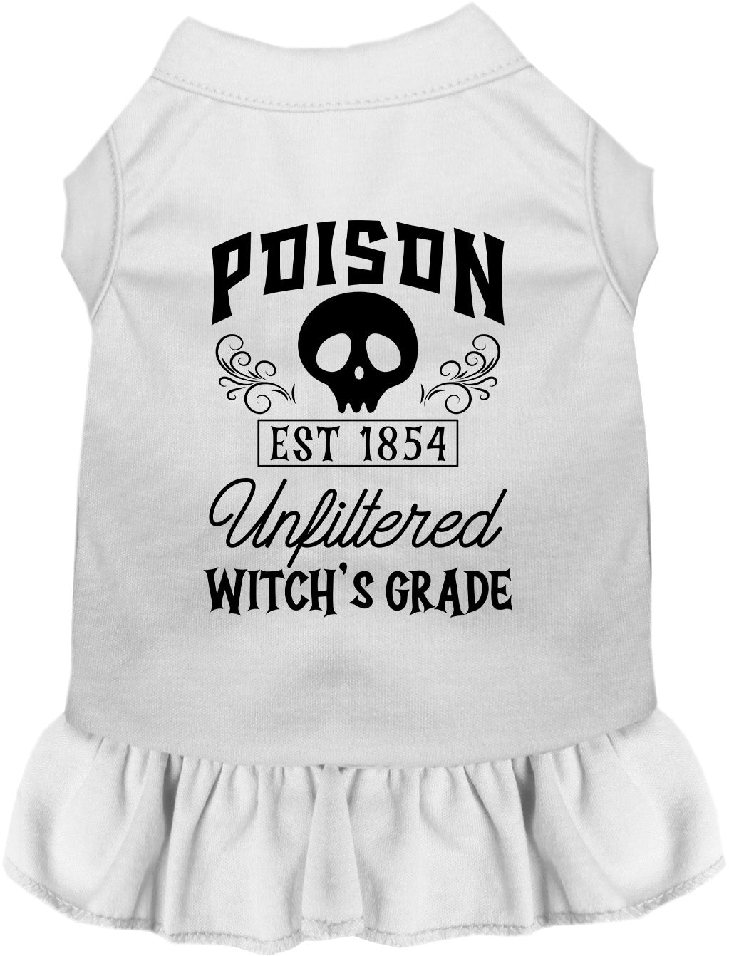 White poison bottle costume pet dress with skull design