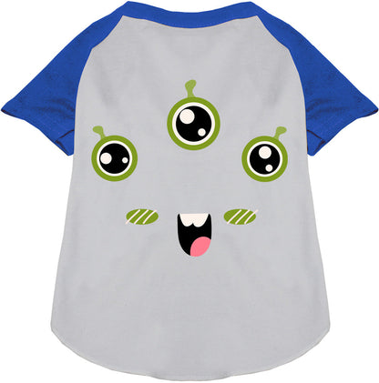White monster costume pet raglan shirt with blue sleeves