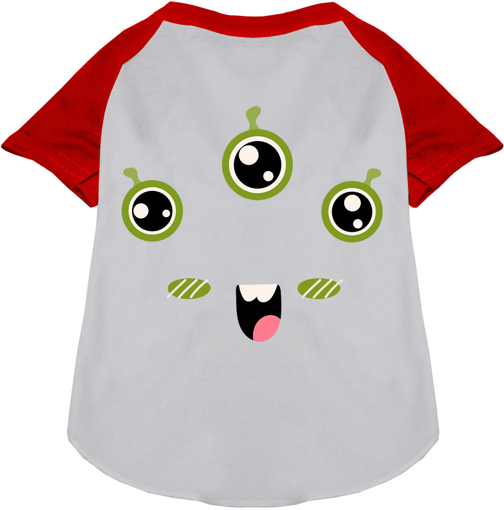 White monster costume pet raglan shirt with red sleeves