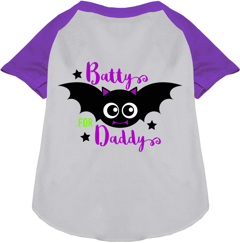 Gray Batty for Daddy pet raglan shirt with purple sleeves