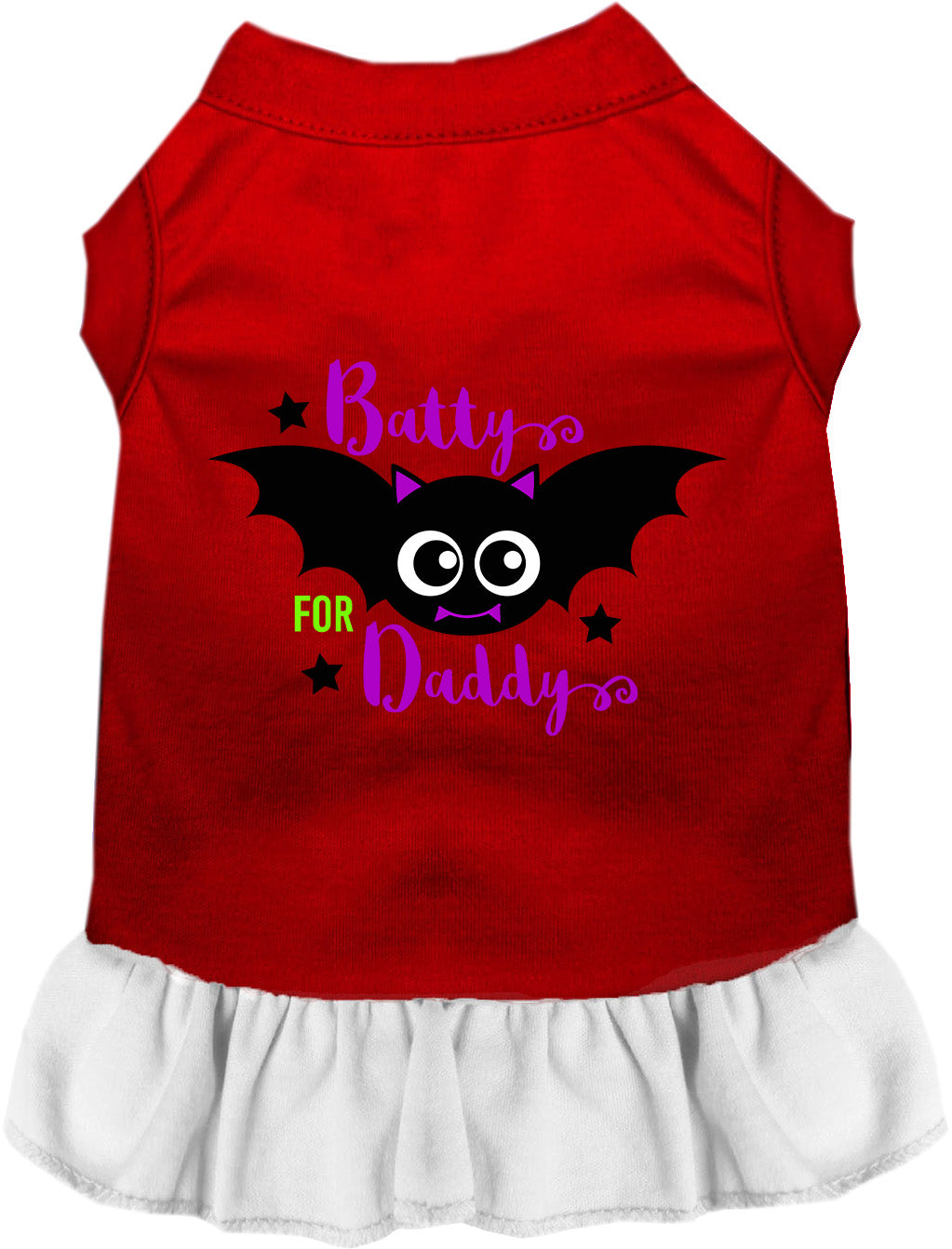 Red and white Batty for Daddy pet dress with bat design
