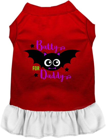 Red and white Batty for Daddy pet dress with bat design